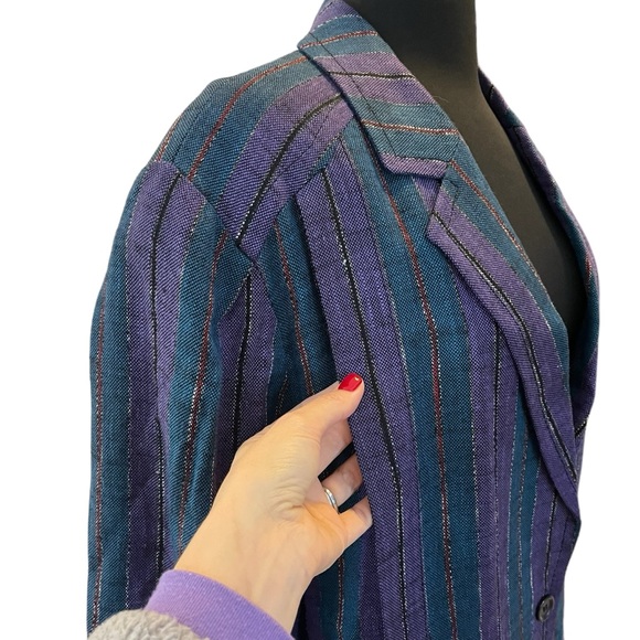 Vintage Givenchy Plus jacket single breasted blazer striped purple teal metallic - Picture 6 of 12
